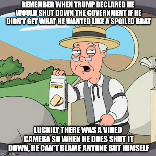 Pepperidge Farm Remembers | REMEMBER WHEN TRUMP DECLARED HE WOULD SHUT DOWN THE GOVERNMENT IF HE DIDN'T GET WHAT HE WANTED LIKE A SPOILED BRAT; LUCKILY THERE WAS A VIDEO CAMERA SO WHEN HE DOES SHUT IT DOWN, HE CAN'T BLAME ANYONE BUT HIMSELF | image tagged in memes,pepperidge farm remembers | made w/ Imgflip meme maker