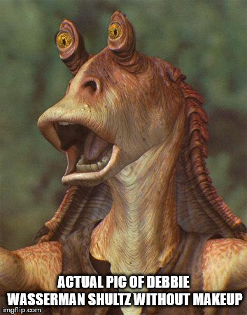 star wars jar jar binks | ACTUAL PIC OF DEBBIE WASSERMAN SHULTZ WITHOUT MAKEUP | image tagged in star wars jar jar binks | made w/ Imgflip meme maker