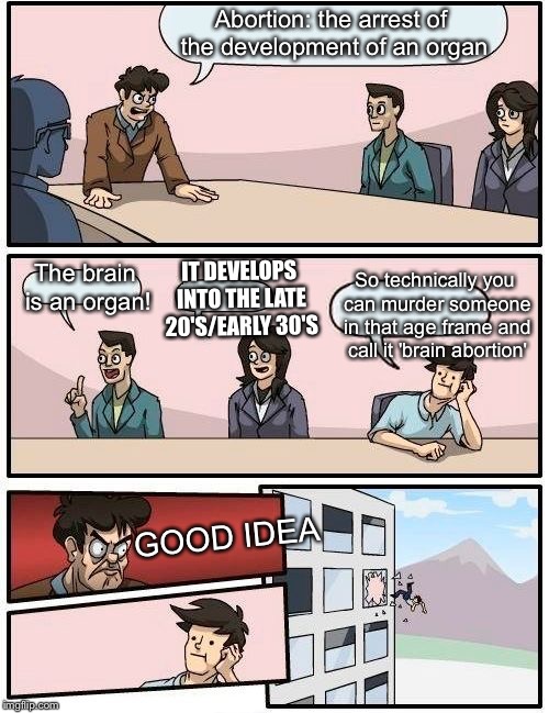 Boardroom Meeting Suggestion | Abortion: the arrest of the development of an organ; The brain is an organ! So technically you can murder someone in that age frame and call it 'brain abortion'; IT DEVELOPS INTO THE LATE 20'S/EARLY 30'S; GOOD IDEA | image tagged in memes,boardroom meeting suggestion | made w/ Imgflip meme maker