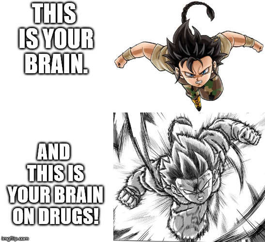 Golden Rule! Kaioken turns anybody badass. |  THIS IS YOUR BRAIN. AND THIS IS YOUR BRAIN ON DRUGS! | image tagged in dragon ball,dragon ball multiverse,videl,kaioken,this is your brain | made w/ Imgflip meme maker