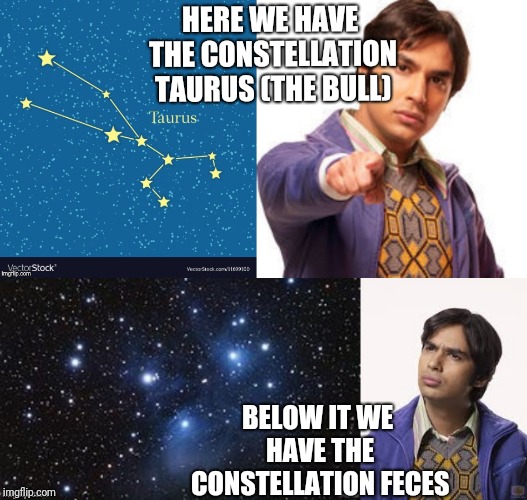 Makes You Wonder If This Is Really The "Milky" Way | HERE WE HAVE THE CONSTELLATION TAURUS (THE BULL); BELOW IT WE HAVE THE CONSTELLATION FECES | image tagged in stars,funny memes,big bang theory,astronomy,galaxy | made w/ Imgflip meme maker
