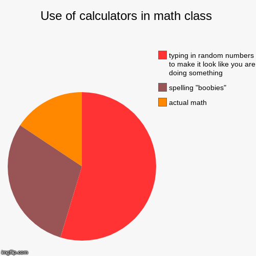 Use of calculators in math class | actual math, spelling "boobies", typing in random numbers to make it look like you are doing something | image tagged in funny,pie charts | made w/ Imgflip chart maker