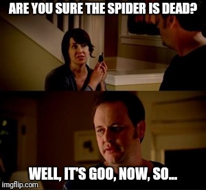 I don't care if he isn't hurting anyone, the spider must die! | ARE YOU SURE THE SPIDER IS DEAD? WELL, IT'S GOO, NOW, SO... | image tagged in jake from state farm,memes,spiders,dead | made w/ Imgflip meme maker