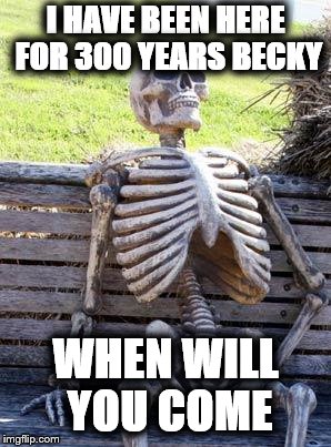 Waiting Skeleton Meme | I HAVE BEEN HERE FOR 300 YEARS BECKY; WHEN WILL YOU COME | image tagged in memes,waiting skeleton | made w/ Imgflip meme maker
