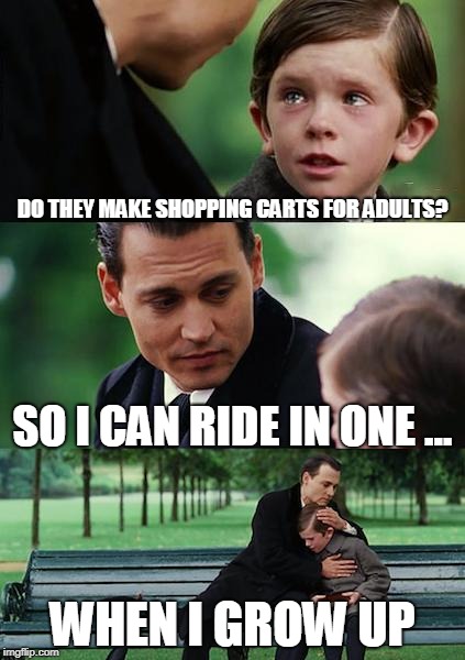 Shopping Cart | DO THEY MAKE SHOPPING CARTS FOR ADULTS? SO I CAN RIDE IN ONE ... WHEN I GROW UP | image tagged in memes,finding neverland | made w/ Imgflip meme maker