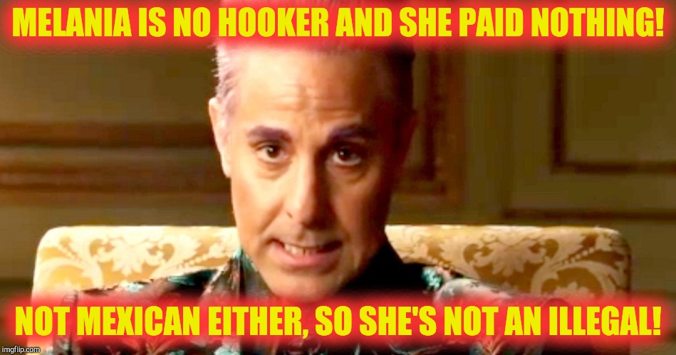 Hunger Games - Caesar Flickerman/Stanley Tucci "The fact is" | MELANIA IS NO HOOKER AND SHE PAID NOTHING! NOT MEXICAN EITHER, SO SHE'S NOT AN ILLEGAL! | image tagged in hunger games - caesar flickerman/stanley tucci the fact is | made w/ Imgflip meme maker