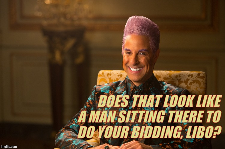 Hunger Games/Caesar Flickerman (Stanley Tucci) "heh heh heh" | DOES THAT LOOK LIKE     A MAN SITTING THERE TO DO YOUR BIDDING, LIBO? | image tagged in hunger games/caesar flickerman stanley tucci heh heh heh | made w/ Imgflip meme maker