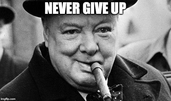 churchhill | NEVER GIVE UP | image tagged in churchhill | made w/ Imgflip meme maker