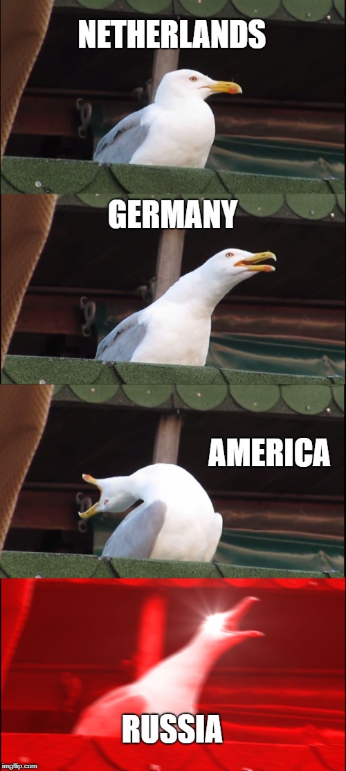 watch out for russia!! | NETHERLANDS; GERMANY; AMERICA; RUSSIA | image tagged in memes,inhaling seagull | made w/ Imgflip meme maker