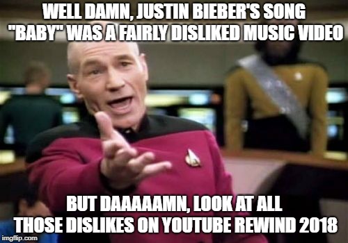 Picard Wtf | WELL DAMN, JUSTIN BIEBER'S SONG "BABY" WAS A FAIRLY DISLIKED MUSIC VIDEO; BUT DAAAAAMN, LOOK AT ALL THOSE DISLIKES ON YOUTUBE REWIND 2018 | image tagged in memes,picard wtf | made w/ Imgflip meme maker