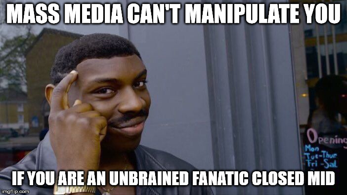 Roll Safe Think About It | MASS MEDIA CAN'T MANIPULATE YOU; IF YOU ARE AN UNBRAINED FANATIC CLOSED MID | image tagged in roll safe think about it,memes | made w/ Imgflip meme maker