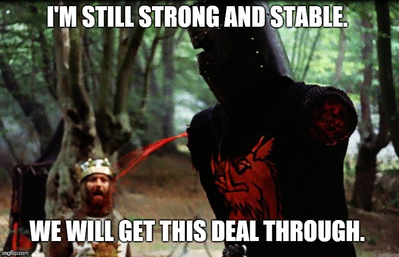 Monty Python Black Knight | I'M STILL STRONG AND STABLE. WE WILL GET THIS DEAL THROUGH. | image tagged in monty python black knight | made w/ Imgflip meme maker