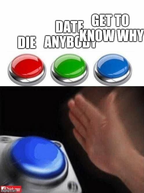 Three Buttons | DIE DATE ANYBODY GET TO KNOW WHY | image tagged in three buttons | made w/ Imgflip meme maker