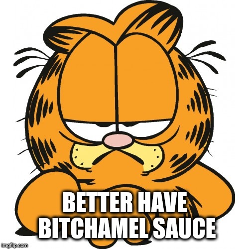 Garfield | BETTER HAVE B**CHAMEL SAUCE | image tagged in garfield | made w/ Imgflip meme maker