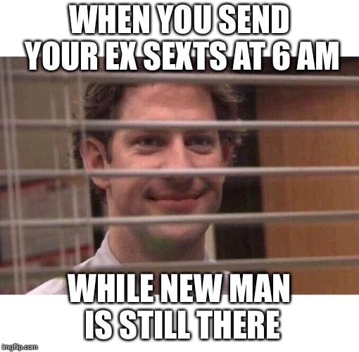 Morning sexts | WHEN YOU SEND YOUR EX SEXTS AT 6 AM; WHILE NEW MAN IS STILL THERE | image tagged in jim office blinds | made w/ Imgflip meme maker