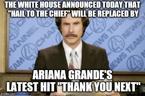 Provided they don't have to pay her for the use of it! | THE WHITE HOUSE ANNOUNCED TODAY THAT "HAIL TO THE CHIEF" WILL BE REPLACED BY; ARIANA GRANDE'S LATEST HIT "THANK YOU NEXT" | image tagged in memes,ron burgundy,donald trump approves,trump is a moron,music | made w/ Imgflip meme maker