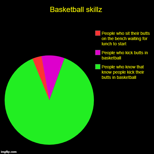 Basketball skillz | People who know that know people kick their butts in basketball, People who kick butts in basketball, People who sit the | image tagged in funny,pie charts | made w/ Imgflip chart maker