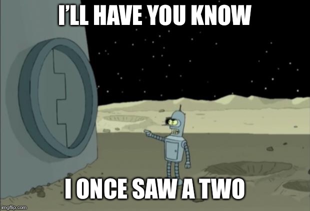 Blackjack and hookers bender futurama | I’LL HAVE YOU KNOW I ONCE SAW A TWO | image tagged in blackjack and hookers bender futurama | made w/ Imgflip meme maker