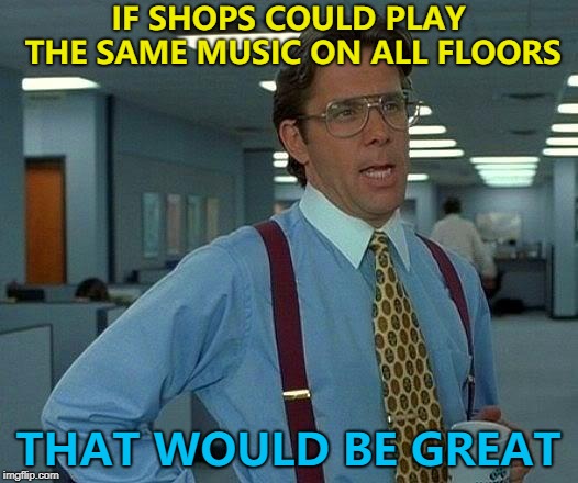 Surely the technology is available? :) | IF SHOPS COULD PLAY THE SAME MUSIC ON ALL FLOORS; THAT WOULD BE GREAT | image tagged in memes,that would be great | made w/ Imgflip meme maker