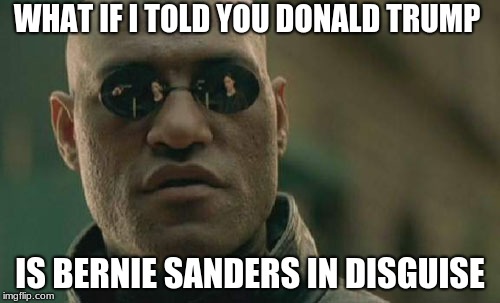 Matrix Morpheus | WHAT IF I TOLD YOU DONALD TRUMP; IS BERNIE SANDERS IN DISGUISE | image tagged in memes,matrix morpheus | made w/ Imgflip meme maker