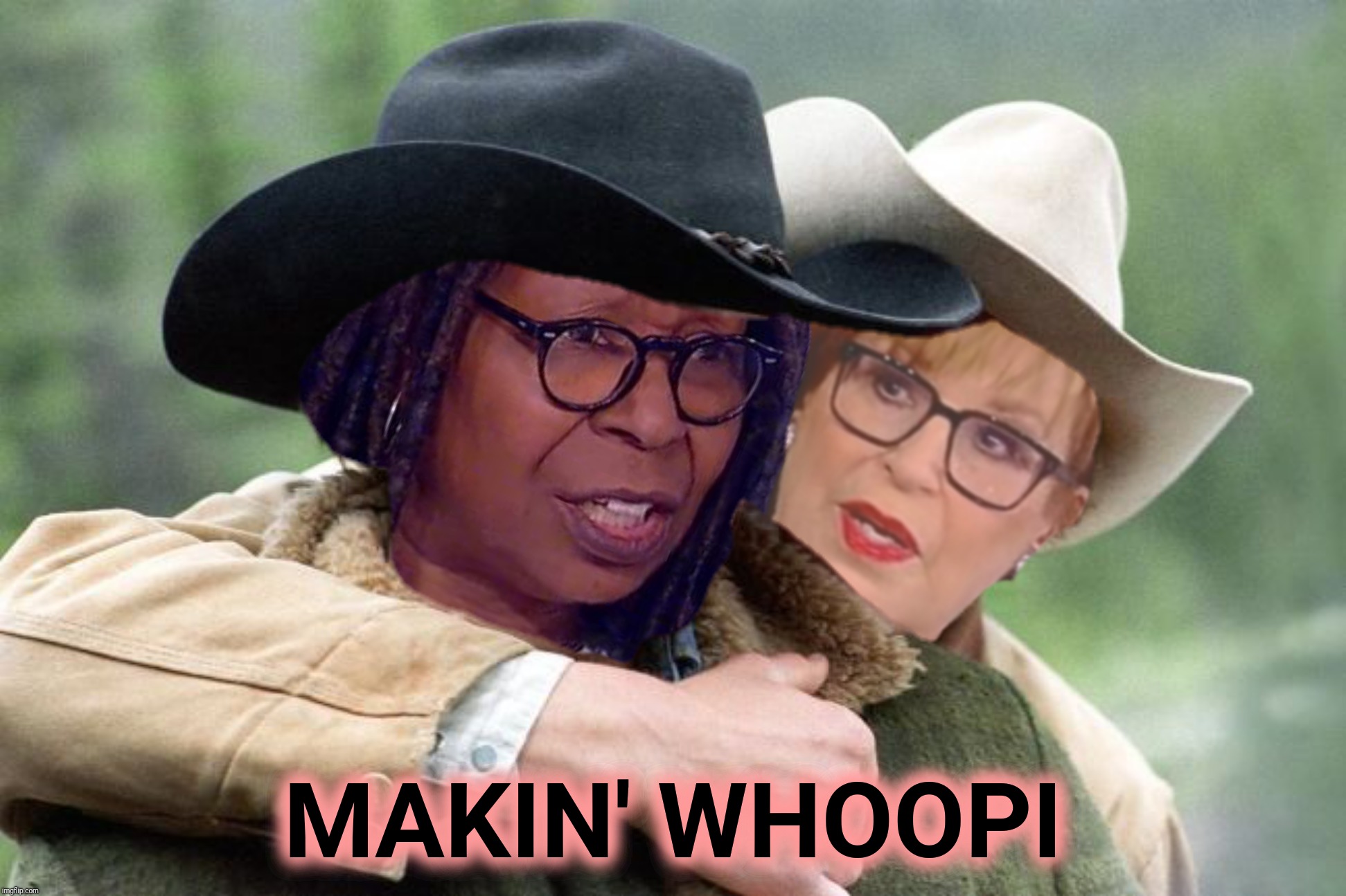 Bad Photoshop Sunday presents:  NOT a better love story than Twilight! | MAKIN' WHOOPI | image tagged in bad photoshop sunday,brokeback mountain,whoopi goldberg,joy behar,not a better love story than twilight,makin' whoopee | made w/ Imgflip meme maker