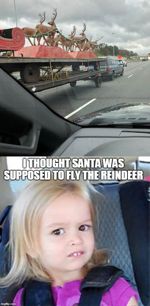 Saw this headed down 75 today | I THOUGHT SANTA WAS SUPPOSED TO FLY THE REINDEER | image tagged in confused little girl,reindeer,sleigh,santa,memes | made w/ Imgflip meme maker
