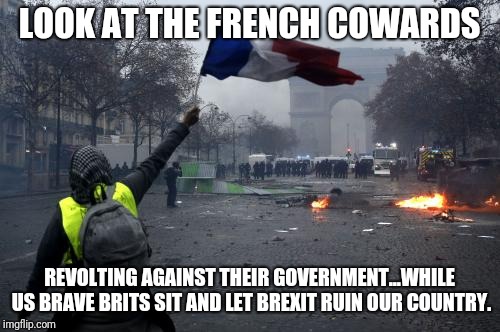 Yellow jacket revolution | LOOK AT THE FRENCH COWARDS; REVOLTING AGAINST THEIR GOVERNMENT...WHILE US BRAVE BRITS SIT AND LET BREXIT RUIN OUR COUNTRY. | image tagged in yellow jacket revolution | made w/ Imgflip meme maker