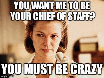 Nurse Ratched | YOU WANT ME TO BE YOUR CHIEF OF STAFF? YOU MUST BE CRAZY | image tagged in nurse ratched,PoliticalHumor | made w/ Imgflip meme maker