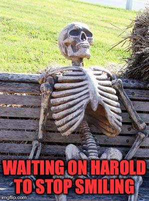 Waiting Skeleton Meme | WAITING ON HAROLD TO STOP SMILING | image tagged in memes,waiting skeleton | made w/ Imgflip meme maker