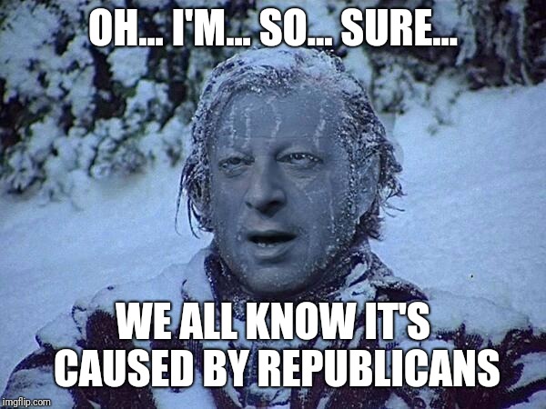 Frozen Al Gore | OH... I'M... SO... SURE... WE ALL KNOW IT'S CAUSED BY REPUBLICANS | image tagged in frozen al gore | made w/ Imgflip meme maker