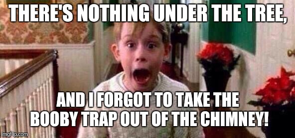 Christmas | THERE'S NOTHING UNDER THE TREE, AND I FORGOT TO TAKE THE BOOBY TRAP OUT OF THE CHIMNEY! | image tagged in christmas | made w/ Imgflip meme maker