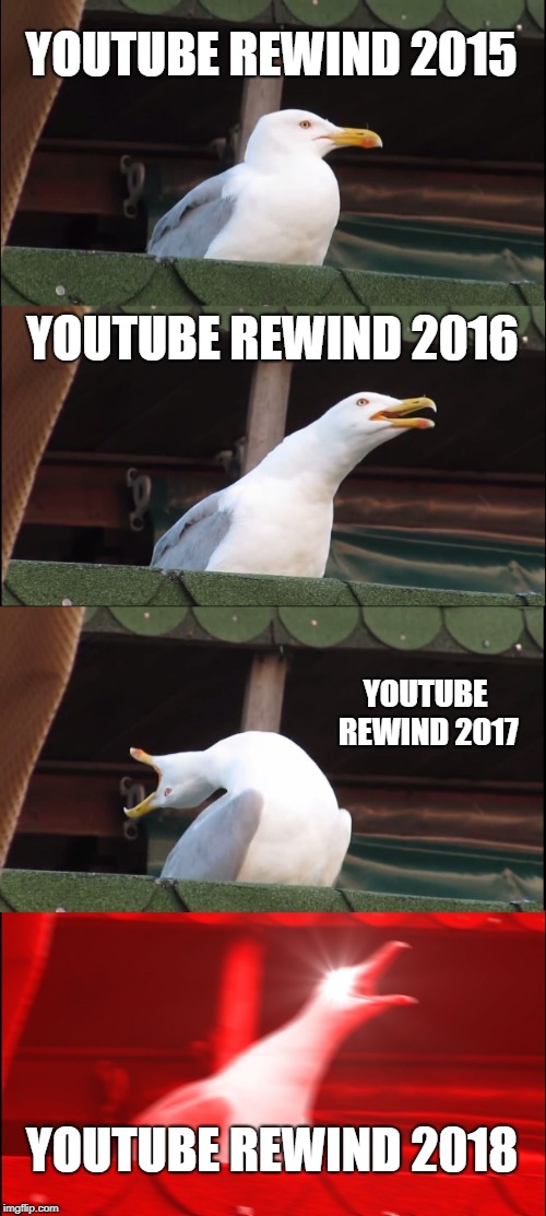 Inhaling Seagull | YOUTUBE REWIND 2015; YOUTUBE REWIND 2016; YOUTUBE REWIND 2017; YOUTUBE REWIND 2018 | image tagged in memes,inhaling seagull | made w/ Imgflip meme maker