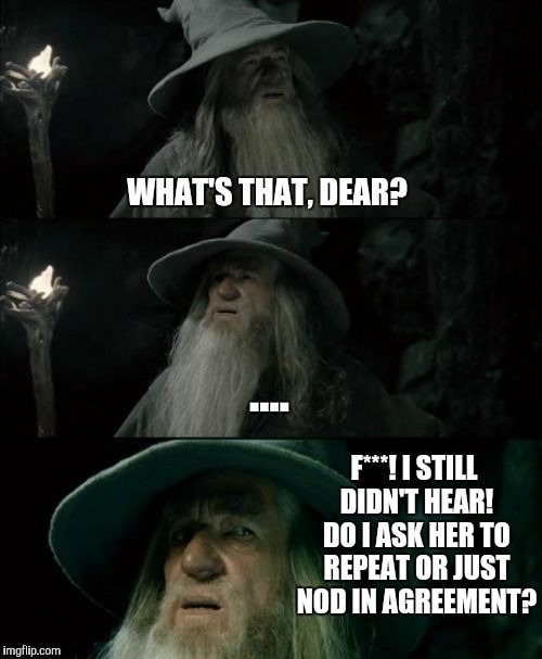 Confused Gandalf Meme | WHAT'S THAT, DEAR? .... F***! I STILL DIDN'T HEAR! DO I ASK HER TO REPEAT OR JUST NOD IN AGREEMENT? | image tagged in memes,confused gandalf | made w/ Imgflip meme maker