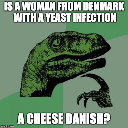 Philosoraptor | IS A WOMAN FROM DENMARK WITH A YEAST INFECTION; A CHEESE DANISH? | image tagged in memes,philosoraptor,denmark | made w/ Imgflip meme maker
