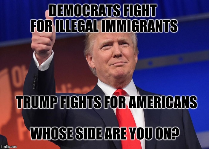 donald trump | DEMOCRATS FIGHT FOR ILLEGAL IMMIGRANTS; TRUMP FIGHTS FOR AMERICANS; WHOSE SIDE ARE YOU ON? | image tagged in donald trump | made w/ Imgflip meme maker