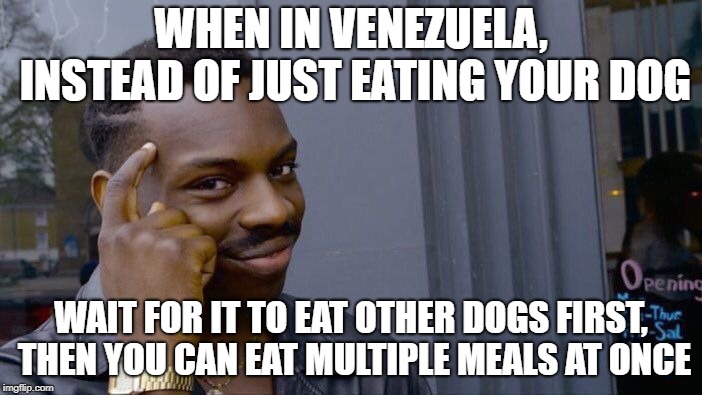 Roll Safe Think About It Meme | WHEN IN VENEZUELA, INSTEAD OF JUST EATING YOUR DOG; WAIT FOR IT TO EAT OTHER DOGS FIRST, THEN YOU CAN EAT MULTIPLE MEALS AT ONCE | image tagged in memes,roll safe think about it | made w/ Imgflip meme maker