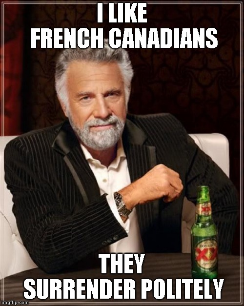 The Most Interesting Man In The World Meme | I LIKE FRENCH CANADIANS THEY SURRENDER POLITELY | image tagged in memes,the most interesting man in the world | made w/ Imgflip meme maker