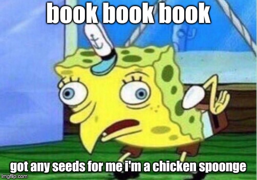 Mocking Spongebob Meme | book book book; got any seeds for me i'm a chicken spoonge | image tagged in memes,mocking spongebob | made w/ Imgflip meme maker