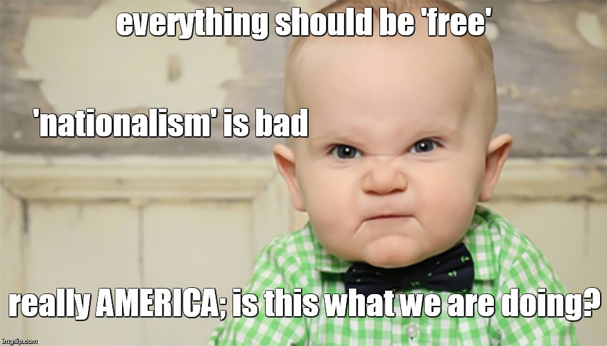 damn | everything should be 'free'; 'nationalism' is bad; really AMERICA; is this what we are doing? | image tagged in baby,america | made w/ Imgflip meme maker
