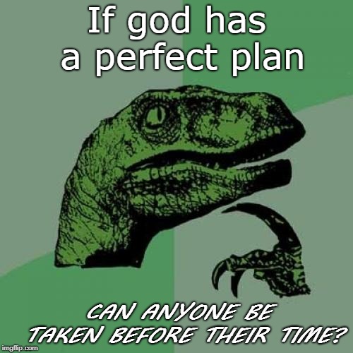 Philosoraptor Meme | If god has a perfect plan; CAN ANYONE BE TAKEN BEFORE THEIR TIME? | image tagged in memes,philosoraptor | made w/ Imgflip meme maker