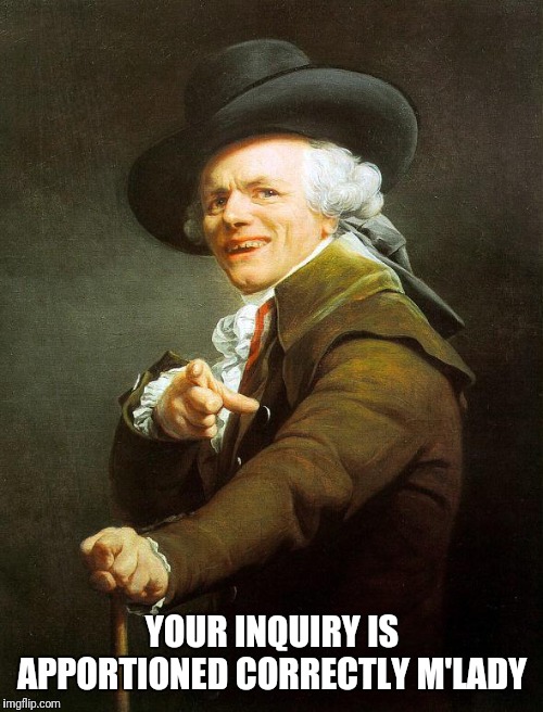 Joseph Decrux | YOUR INQUIRY IS APPORTIONED CORRECTLY M'LADY | image tagged in joseph decrux | made w/ Imgflip meme maker