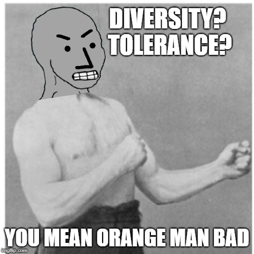 Overly Grey NPC | DIVERSITY? TOLERANCE? YOU MEAN ORANGE MAN BAD | image tagged in memes,overly manly man | made w/ Imgflip meme maker