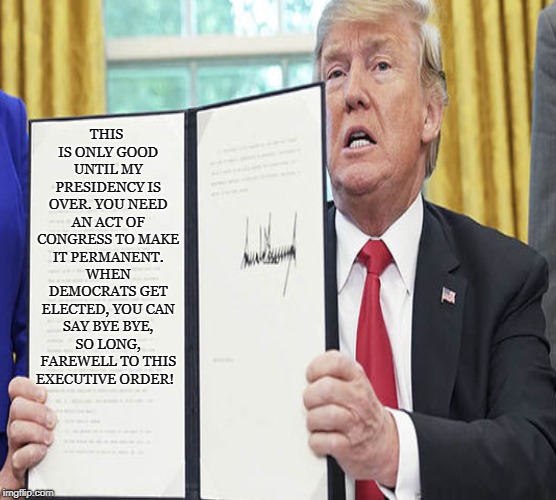 Temporary Order | THIS IS ONLY GOOD UNTIL MY PRESIDENCY IS OVER. YOU NEED AN ACT OF CONGRESS TO MAKE IT PERMANENT. WHEN DEMOCRATS GET ELECTED, YOU CAN SAY BYE BYE, SO LONG, FAREWELL TO THIS EXECUTIVE ORDER! | image tagged in donald trump,executive order,congress,democrats,republicans,politics | made w/ Imgflip meme maker