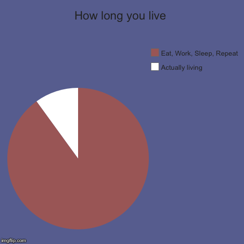 How long you live | Actually living, Eat, Work, Sleep, Repeat | image tagged in funny,pie charts | made w/ Imgflip chart maker