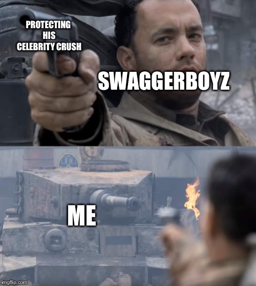 Spread Swaggerboyz’ love for Emilia Clarke like jelly (Swaggerboyz): https://m.youtube.com/channel/UCcewJxJZR-A1V__8SsFEq-A | PROTECTING HIS CELEBRITY CRUSH; SWAGGERBOYZ; ME | image tagged in tom hanks vs tank,memes,celebrity crush,protecc | made w/ Imgflip meme maker