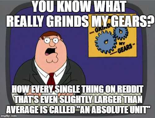 Peter Griffin News Meme | YOU KNOW WHAT REALLY GRINDS MY GEARS? HOW EVERY SINGLE THING ON REDDIT THAT'S EVEN SLIGHTLY LARGER THAN AVERAGE IS CALLED "AN ABSOLUTE UNIT" | image tagged in memes,peter griffin news,AdviceAnimals | made w/ Imgflip meme maker