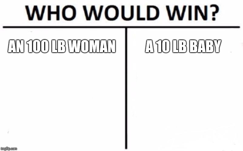 Who Would Win? Meme | AN 100 LB WOMAN; A 10 LB BABY | image tagged in memes,who would win | made w/ Imgflip meme maker