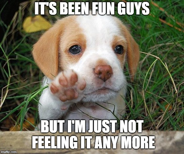 I'm just not interested in meme making anymore. Few people see them anyway, and I've hardly made any in the past 6 months... | IT'S BEEN FUN GUYS; BUT I'M JUST NOT FEELING IT ANY MORE | image tagged in dog puppy bye | made w/ Imgflip meme maker