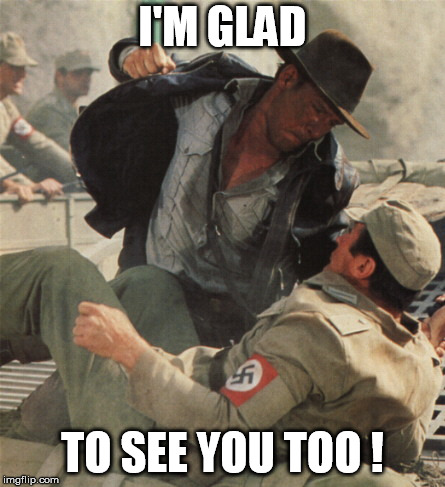 Indiana Jones Punching Nazis | I'M GLAD TO SEE YOU TOO ! | image tagged in indiana jones punching nazis | made w/ Imgflip meme maker