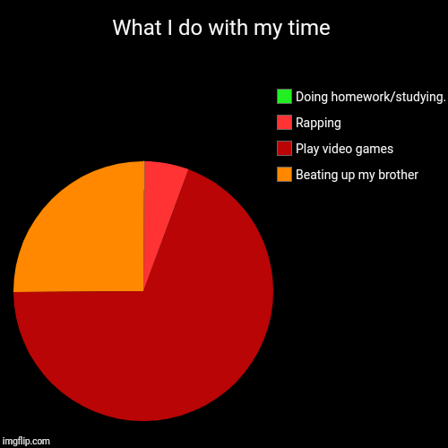 What I do with my time | Beating up my brother, Play video games, Rapping, Doing homework/studying. | image tagged in funny,pie charts | made w/ Imgflip chart maker